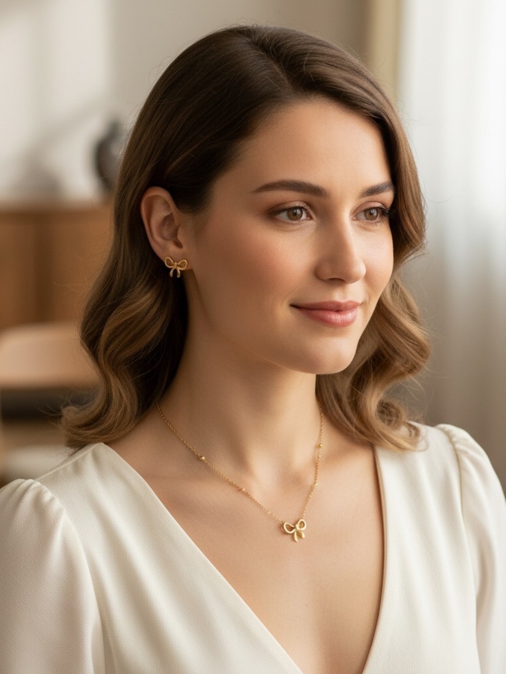 Delicate Gold Bow Pendant Necklace and Stud Earrings Set Stainless Steel